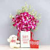 Bear N Orchids Kit Combo - 6 Purple Orchids in Floral Box for Sister 6'' Teddy 5 Nestle Kitkats