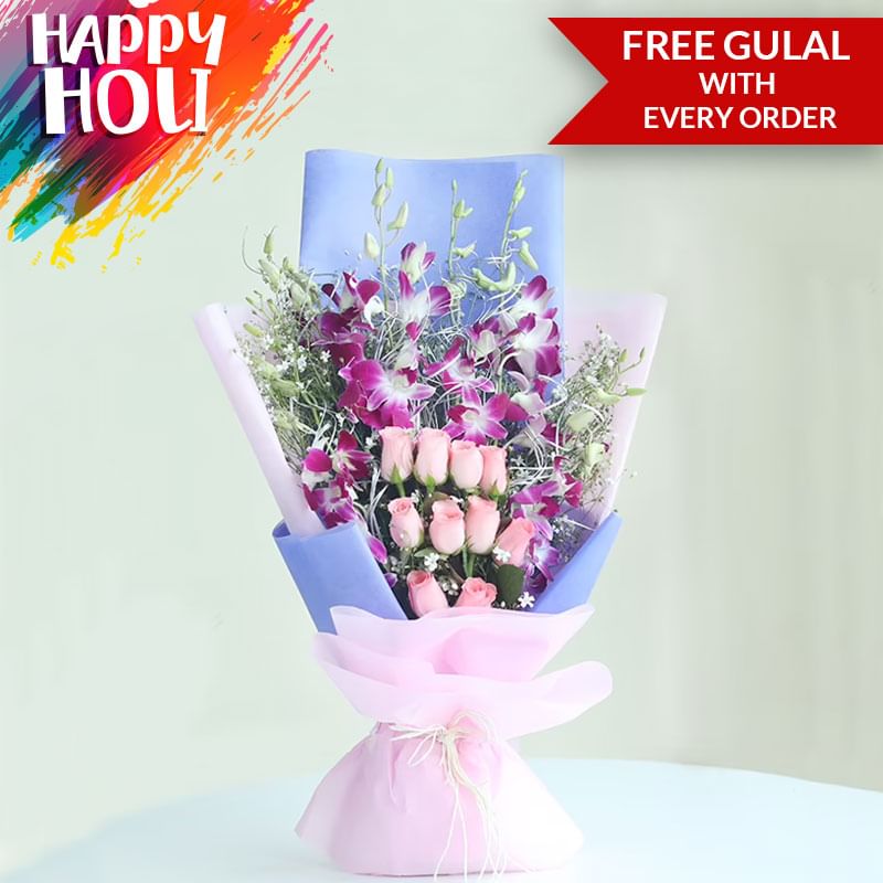 Beauteous Orchids n Pink Roses Holi Flowers Bouquet