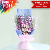 Beauteous Orchids n Pink Roses Holi Flowers Bouquet