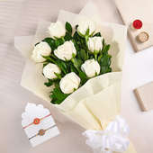 Beautiful Floral Rakhi Duo N White Rose Bouquet