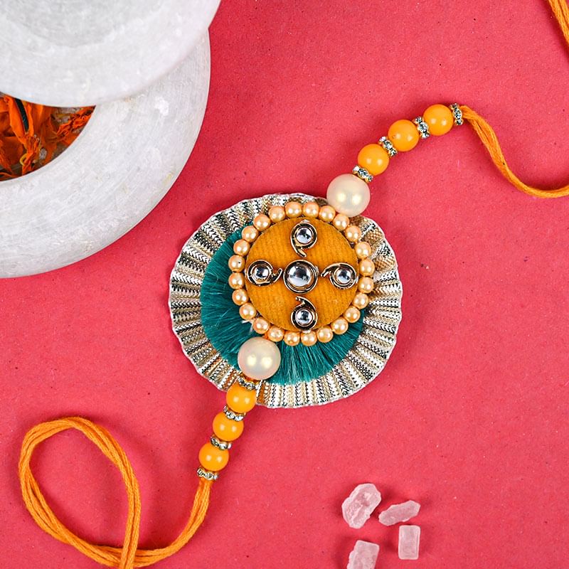 Beautiful Orange Rakhi - Pearl Rakhi, Zardosi rakhi