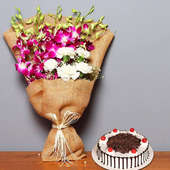 Beautiful Sweetness - Jute Wrapped Bouquet of 6 Orchids and 5 White Roses with 1 Kg Black Forest Cake