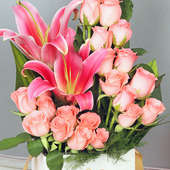 zoom view Pink Flowers Arrangement in White Box