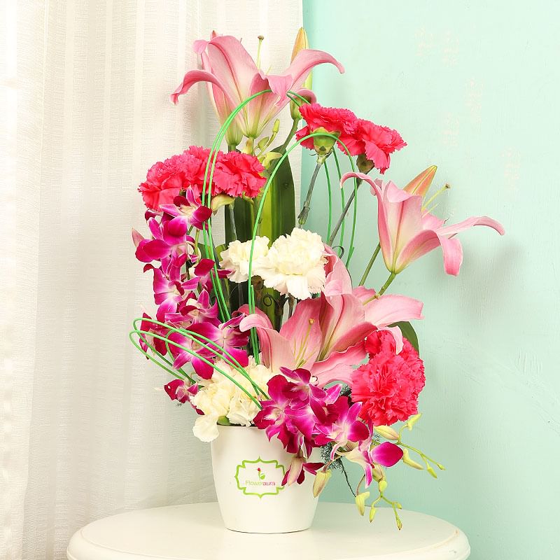 Mixed Flowers Bunch in White Vase