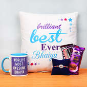 Silver Rakhi and Cushion with Printed Mug and Two Chocolates