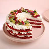 Sliced view of Red Velvet Fruit Cake