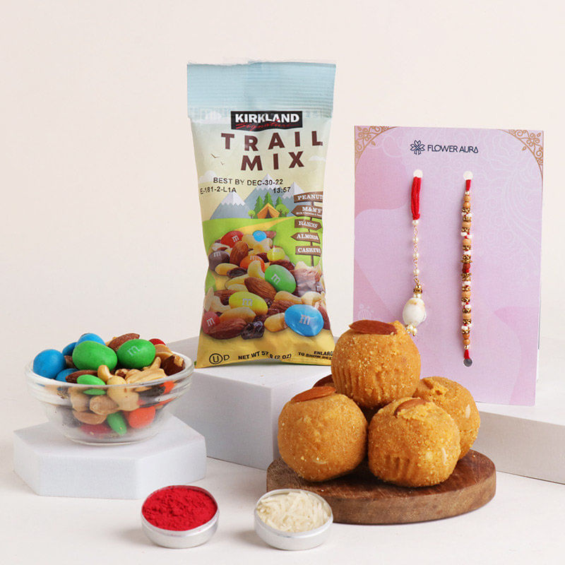 Besan Laddoo With Beaded Bhaiya Bhabhi Rakhi N Trail Mix