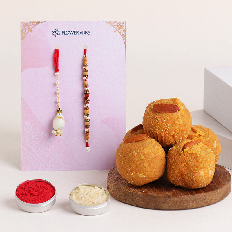 View of Bhaiya Bhabhi Rakhi Set With Besan Laddoo and Roli Chawal