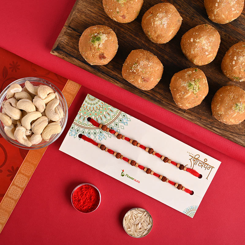 Besan Ladoo N Cashew With Rudraksh Rakhis for Aus