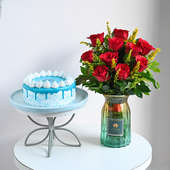 Bespoke Red Roses In A Vase With Chocolate Cake