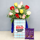 Best Bro Flower Box With Chocolates - Bunch of 10 Mixed Roses with Brother Flower Box  and 2 Dairy Milk Silk