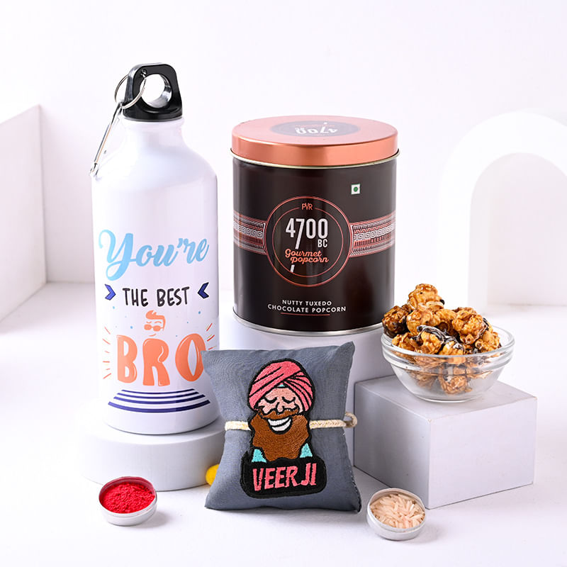 Best Bro Sipper With Veer Ji Rakhi N Gourmet Choco Popcorn