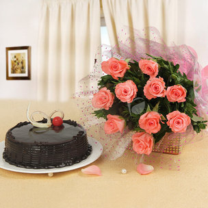 Choco Truffle Cake Pink Rose Combo: Bunch of 10 Pink Roses with Half kg Chocolate truffle cake
