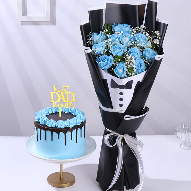 Best Dad Choco Cake With Blue Rose Bouquet