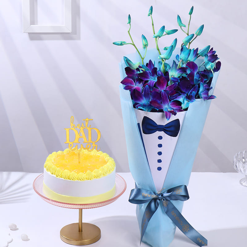 Best Dad Choco Cake With Blue Rose Bouquet
