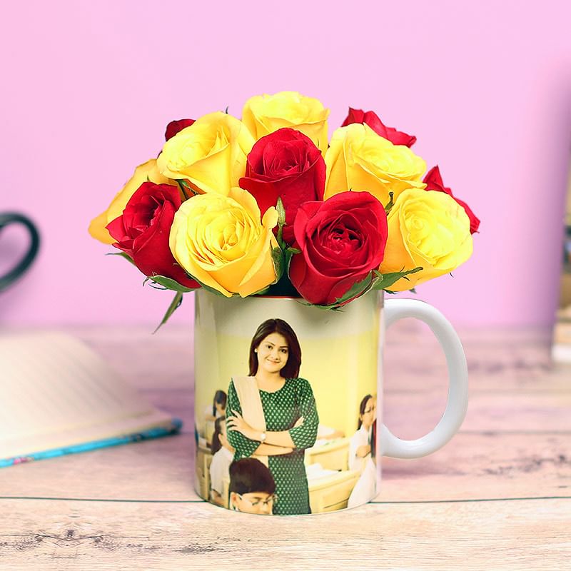 One Personalised Ceramic Mugand 10 Mixed Roses
