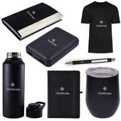 A black t-shirt, water bottle, pen, and mug- new hire welcome kit