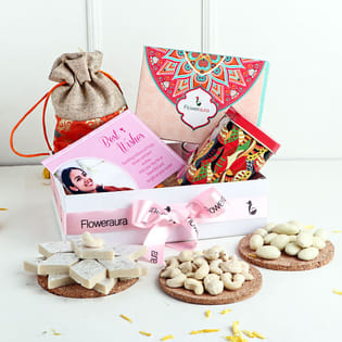 Festive Gift Combo with Kaju Katli & Cashews in Orange Potli