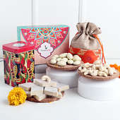 Festive Gift Combo with Kaju Katli & Cashews in Orange Potli