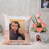 Better Together Love Combo - One Personalised White Ceramic Mug with and 5 Pink Roses and Personalised Cushion