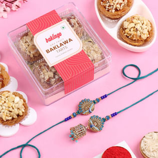 Bhai Bhabhi Peacock Rakhi With Baklawa Tarts