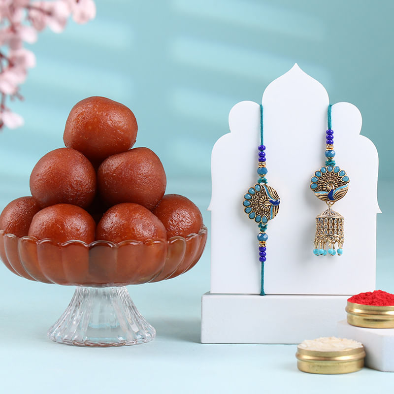 Bhai Bhabhi Peacock Rakhi With Gulab Jamun
