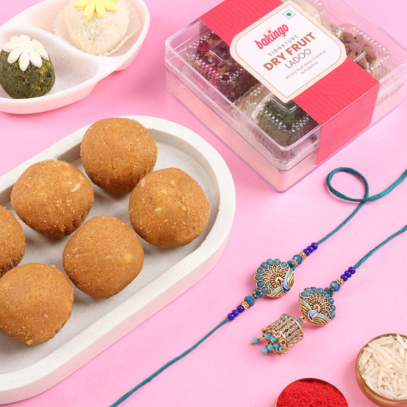 Bhai Bhabhi Peacock Rakhis With Desi Laddoos-Singapore