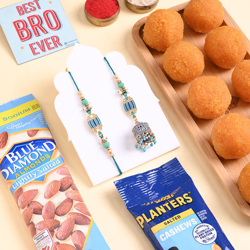 Bhai Bhabhi Teal Rakhis With Treats