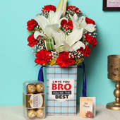 Bhai Love Ferrero Combo - 10 Red Carnations and 2 White Lilies with 16 Ferrero Rochers and Roli Chawal