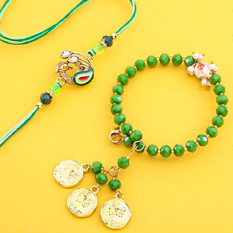 Bhaiya Bhabhi Green Beaded Peacock Rakhis