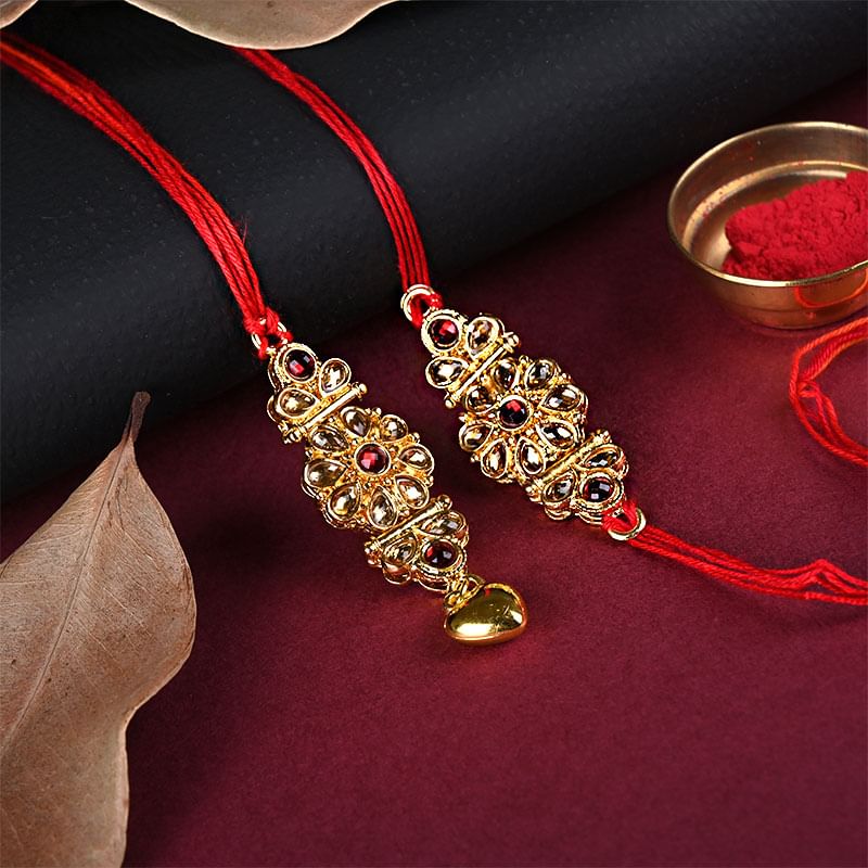 Bhaiya Bhabhi Kundan Rakhi Set - Bhaiya Bhabhi Rakhi Set and Complimentary Roli and Chawal