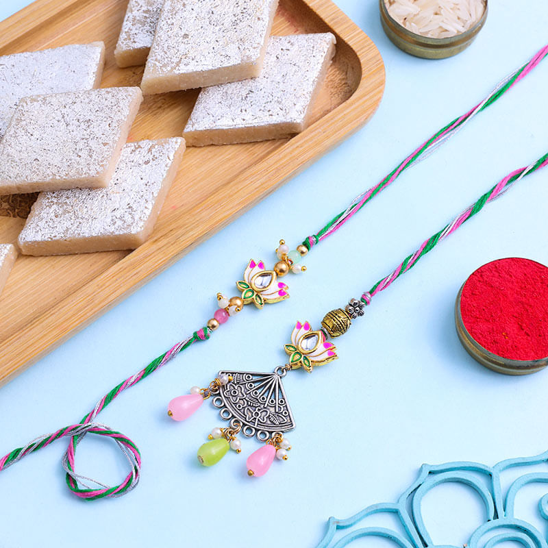 Bhaiya Bhabhi Lotus Rakhi Set N Kaju Katli