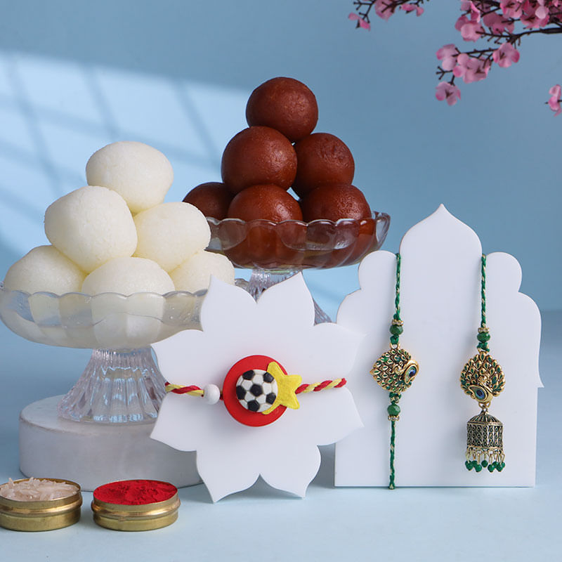 Bhaiya Bhabhi N Football Rakhi With Indian Sweets