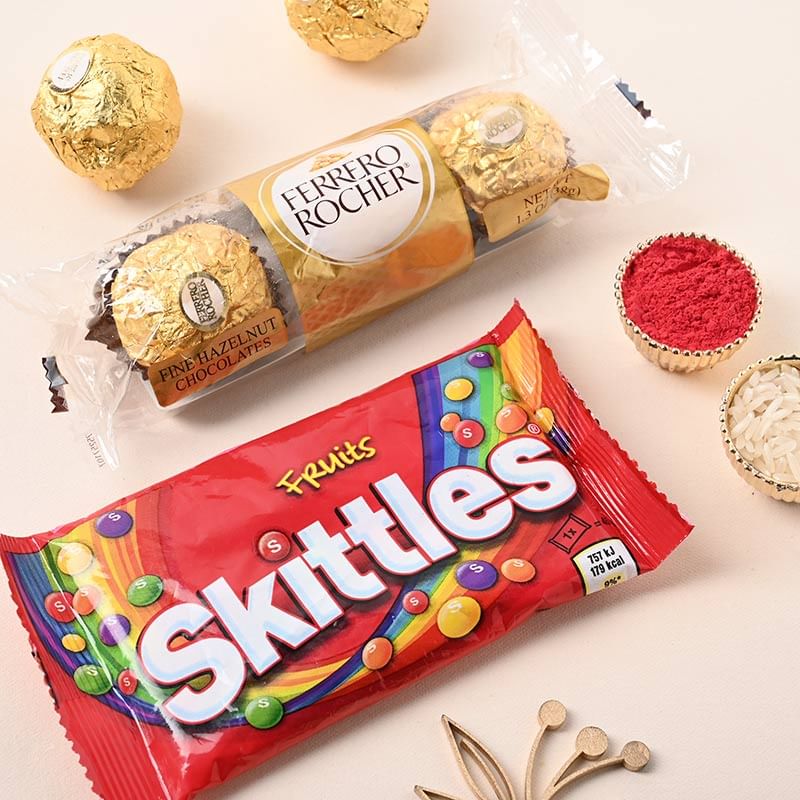 Rakhi Set for Bhaiya Bhabhi With Ferrero Rocher  N Skittles