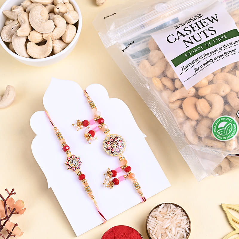 Bhaiya Bhabhi Ruby Rakhi Set With Cashews