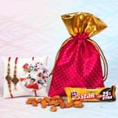 Bheem Choco Nut Rakhi Combo - Set of Bhaiya Bhabhi Designer Rakhi with One Chota Bheem Rakhi and 100gm Almonds in Pink Potli and One Cadbury 5 Star - 19gm and Complimentary Roli and Chawal
