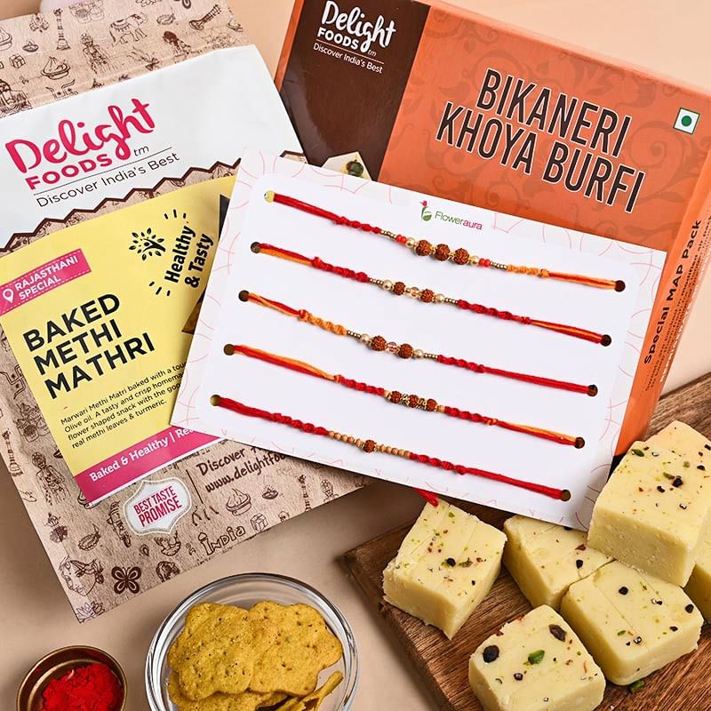 Send Bikaneri Burfi N Mathri with Rudraksh Rakhi Online UAE