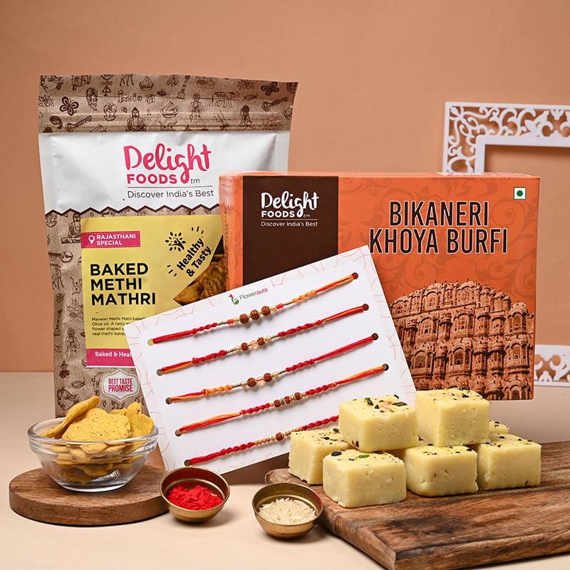 Send Bikaneri Burfi N Mathri with Rudraksh Rakhi Online UAE