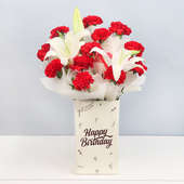 Bouquet of Mixed Flowers - 12 Red Carnations and 2 Lilies in Birthday Box with Closed View