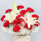 12 Red Carnations and 2 Lilies in Birthday Box with Zoomed View