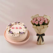 Birthday Vanilla Cake With Pink Rose Bouquet