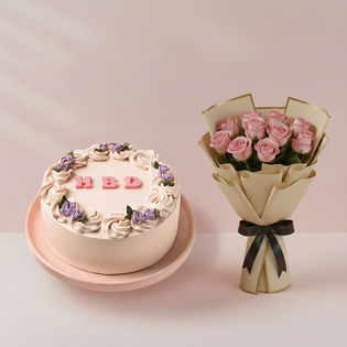 Birthday Vanilla Cake With Pink Rose Bouquet