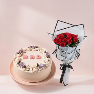 Birthday Vanilla Cake With Red Rose Bouquet