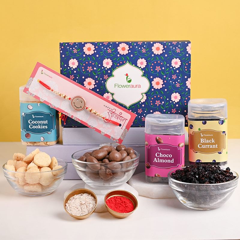 Order kids For Kids With Dry Fruits Online - Flavourful Black Current Coconut Cookies N Choco Almonds With Smiley Rakhi