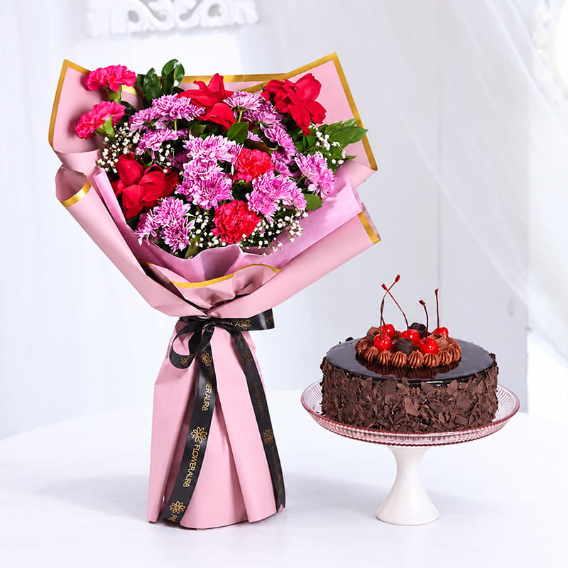 Black forest cake and flower bouquet