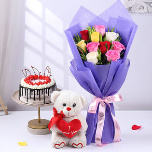 Black Forest Cake With Mixed Roses N Teddy Bear Combo