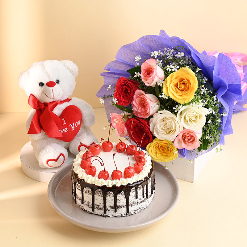 Black Forest Cake With Mixed Roses N Teddy Bear Combo