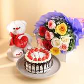 Black Forest Cake With Mixed Roses N Teddy Bear Combo