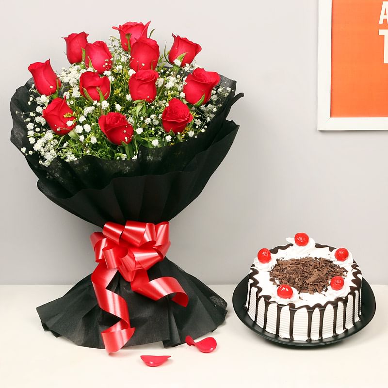 Red Roses with Blackforest Cake Combo