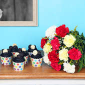Black Rose Flower Combo - Bunch of 12 Mixed Carnations with 6 Chocolate Cup Cakes